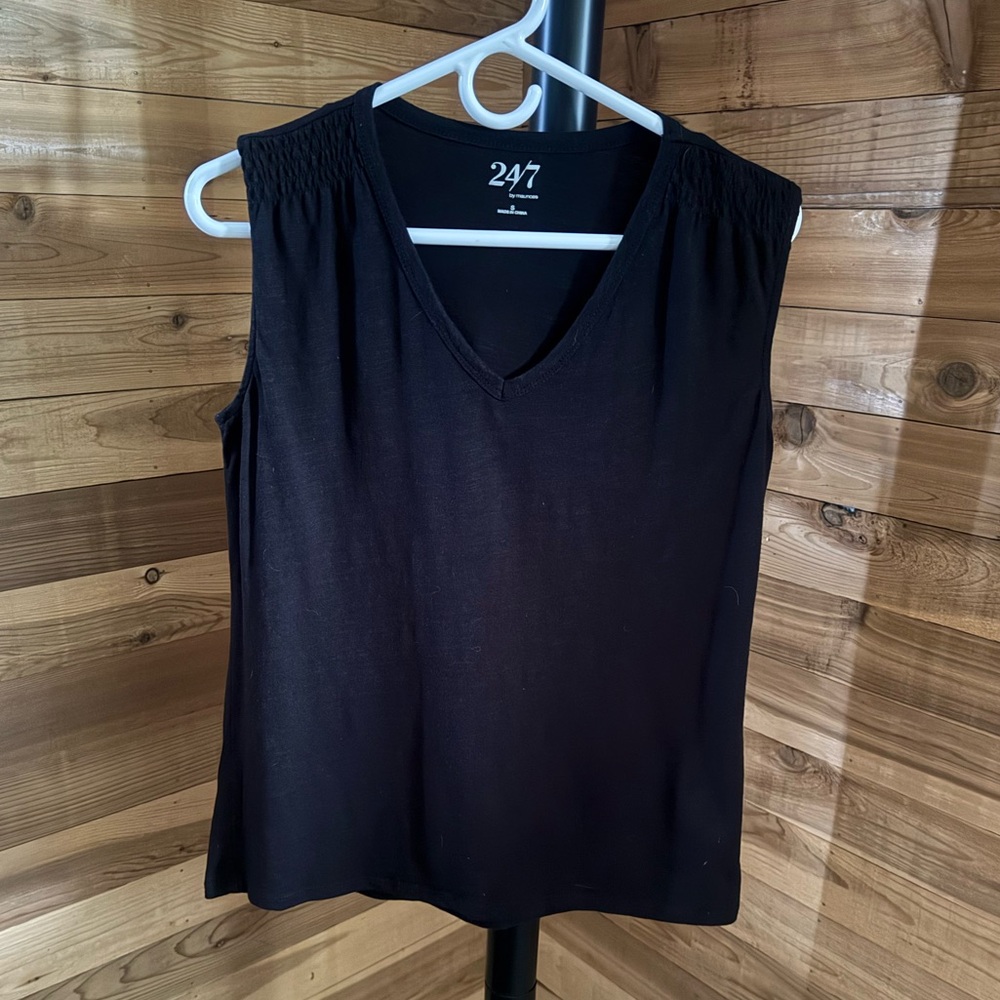 MAURICES Black 24/7 Sleeveless V-Neck Top Small Pleated Shoulder Modal Blend